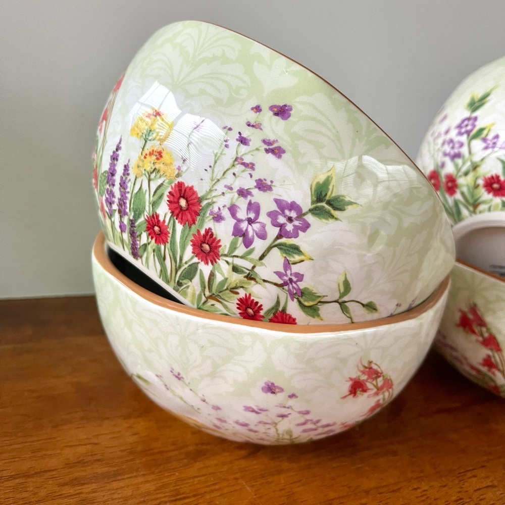 Set of 4 Pier One Botanical Garden Floral Earthenware Cereal Bowls 6” Excellent - Picture 8 of 10